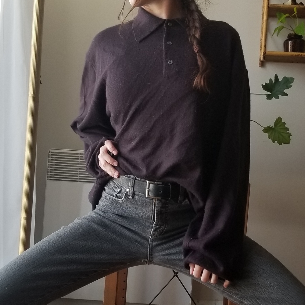 50% Merino Wool Sweater Italy Plum XL Button Mock